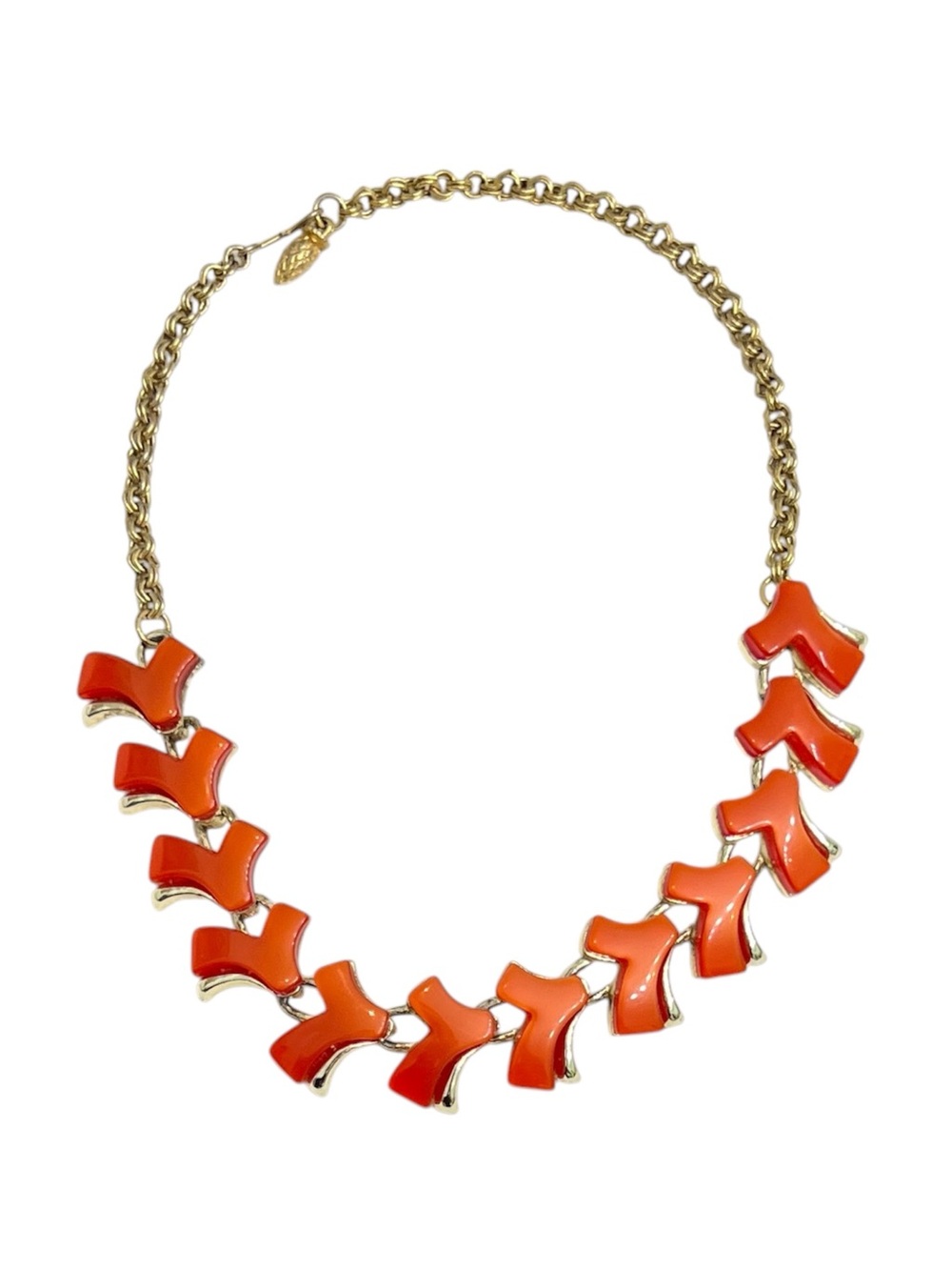 Vintage Thermoset Lucite Orange Red Hinged Link Gold Tone Choker Necklace